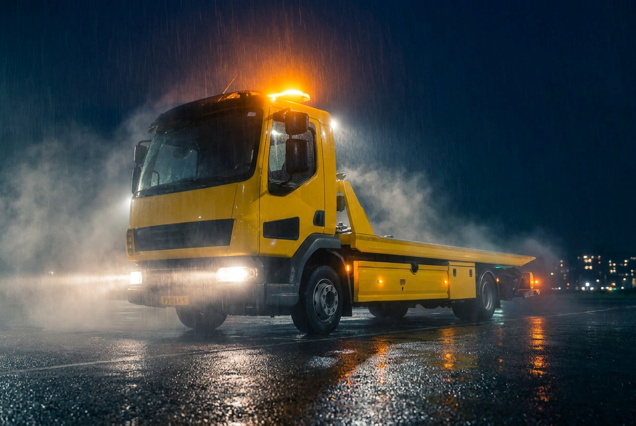 Dépanneuse NSB Automobile en intervention de nuit sous la pluie à Nantes